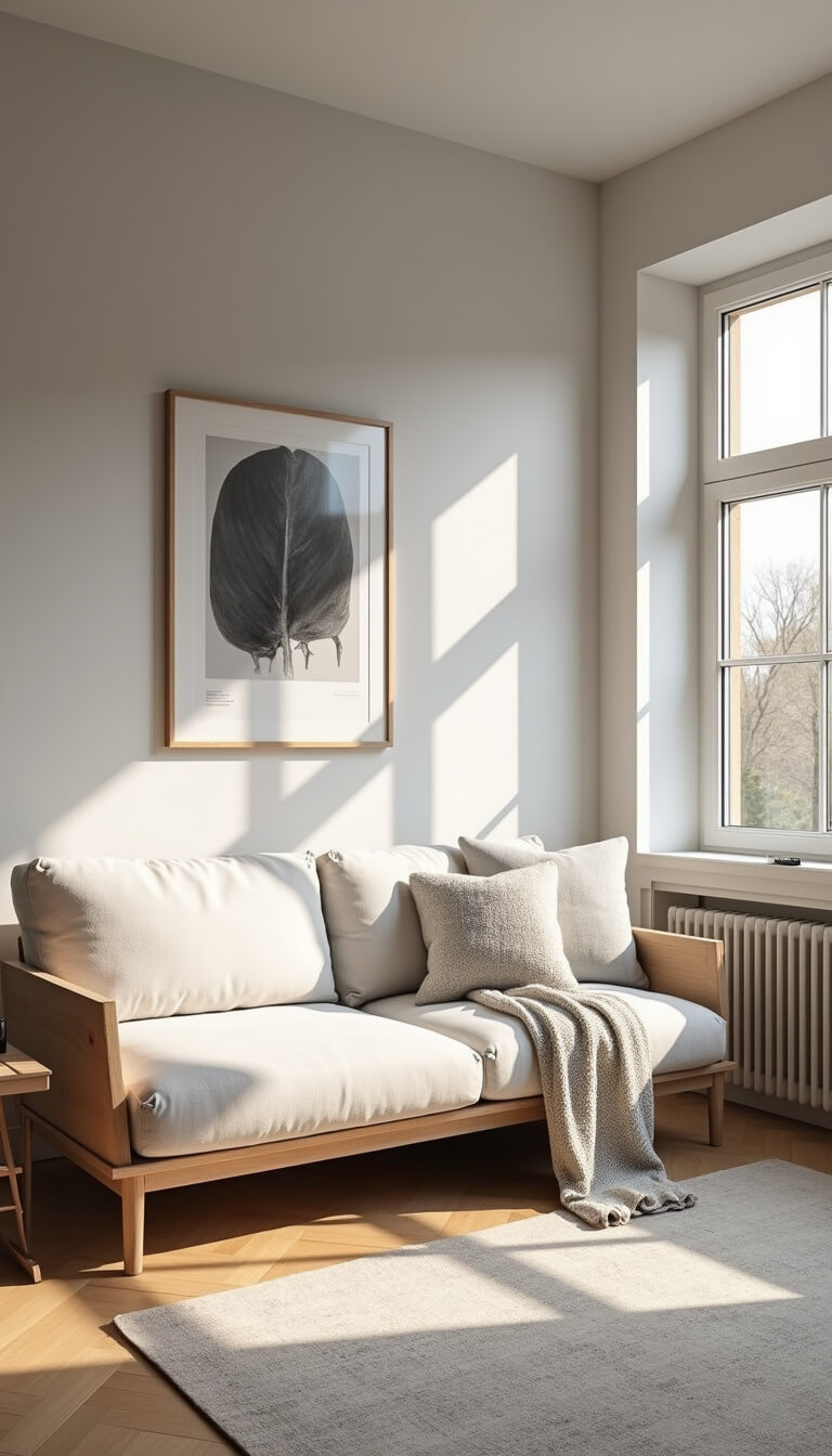 Scandinavian living room with white linen sofa, oak accents, and golden hour light through floor-to-ceiling windows.