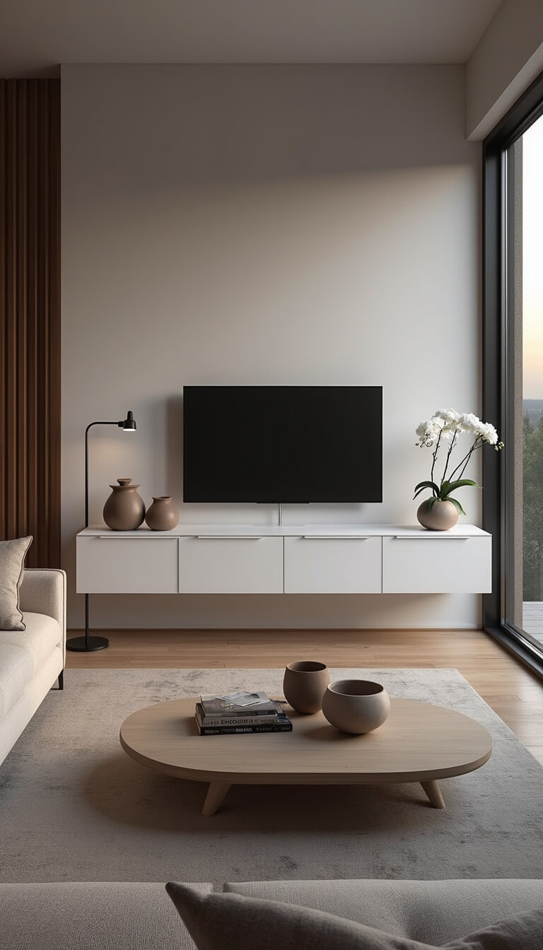 Modern 15x18ft living room at dusk with soft lighting, featuring beige sectional, light wood coffee table, white media console, and curated ceramics.