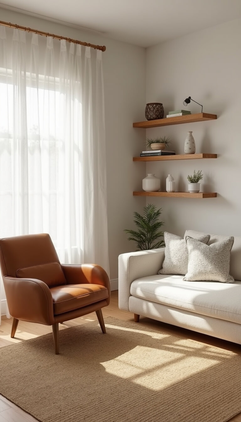 Sunlit corner living room with ivory bouclé sofa, cognac leather armchair, jute rug, and birch wood shelves displaying minimal white and gray décor.