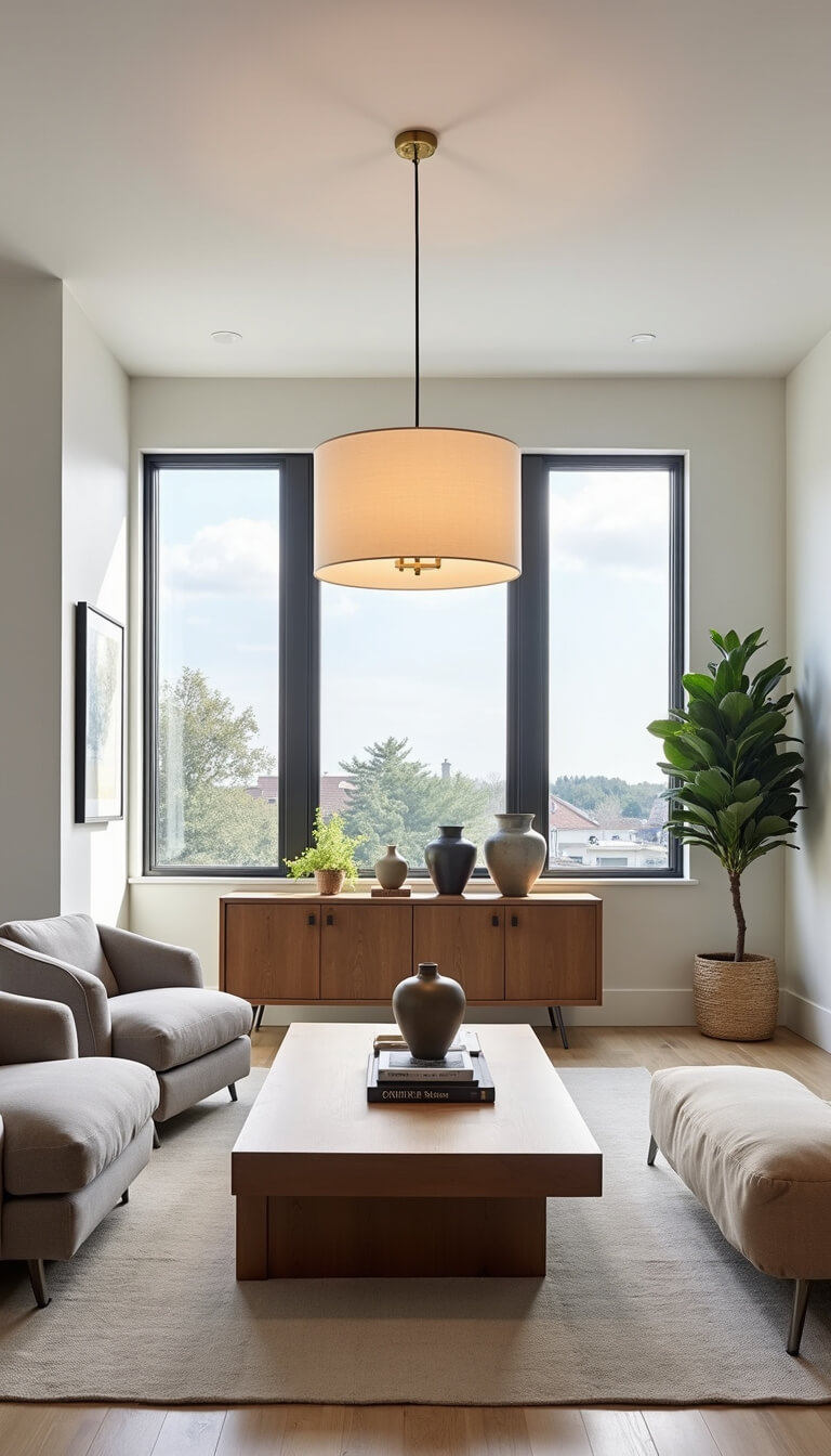 Modern open-concept living space with oak coffee table, pendant light, greige armchairs, and geometric pottery on console.