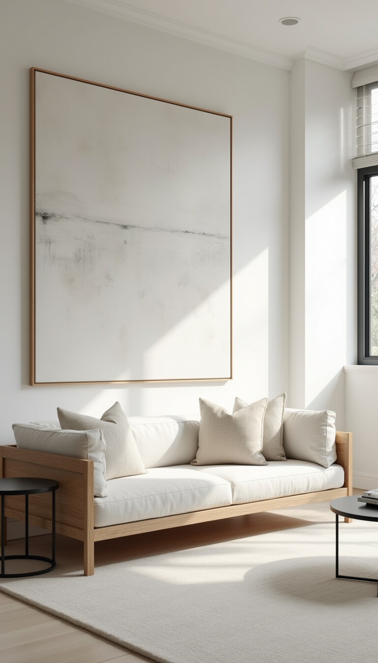 Minimalist 20x20ft square room in morning light with white and cream tones, low-profile light oak sofa, textured linen pillows, black metal side tables, and large abstract white and gray canvas.