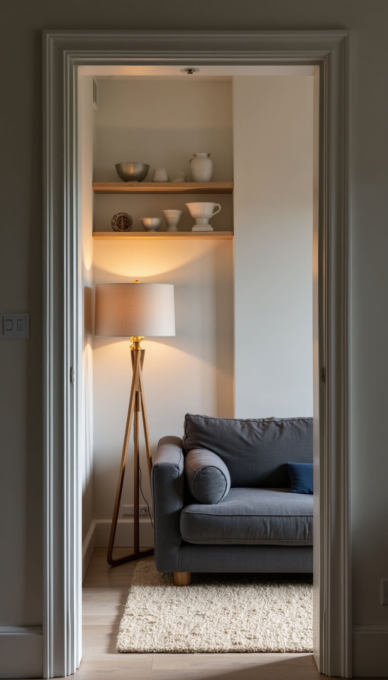 Modern living room at blue hour with charcoal sectional, sculptural lamp, cream wool rug, and white ceramics on floating shelves.