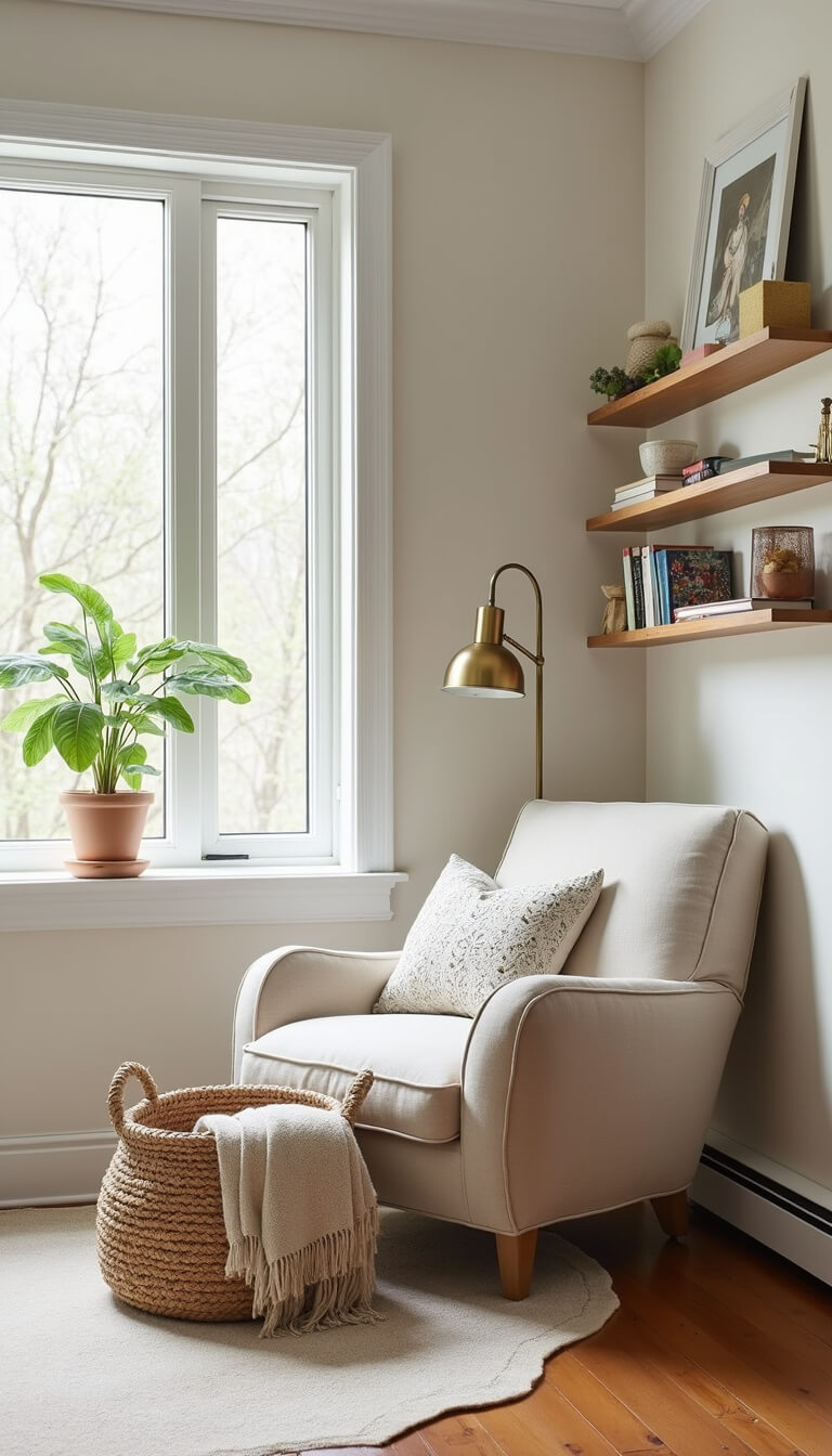 Cozy reading nook with oversized linen armchair, brass lamp, and floor-to-ceiling windows flooding the space with natural light.