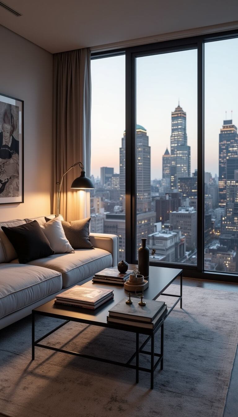 Twilight city-view living room with dove gray sectional, black metal coffee table, and designer pendant lighting.
