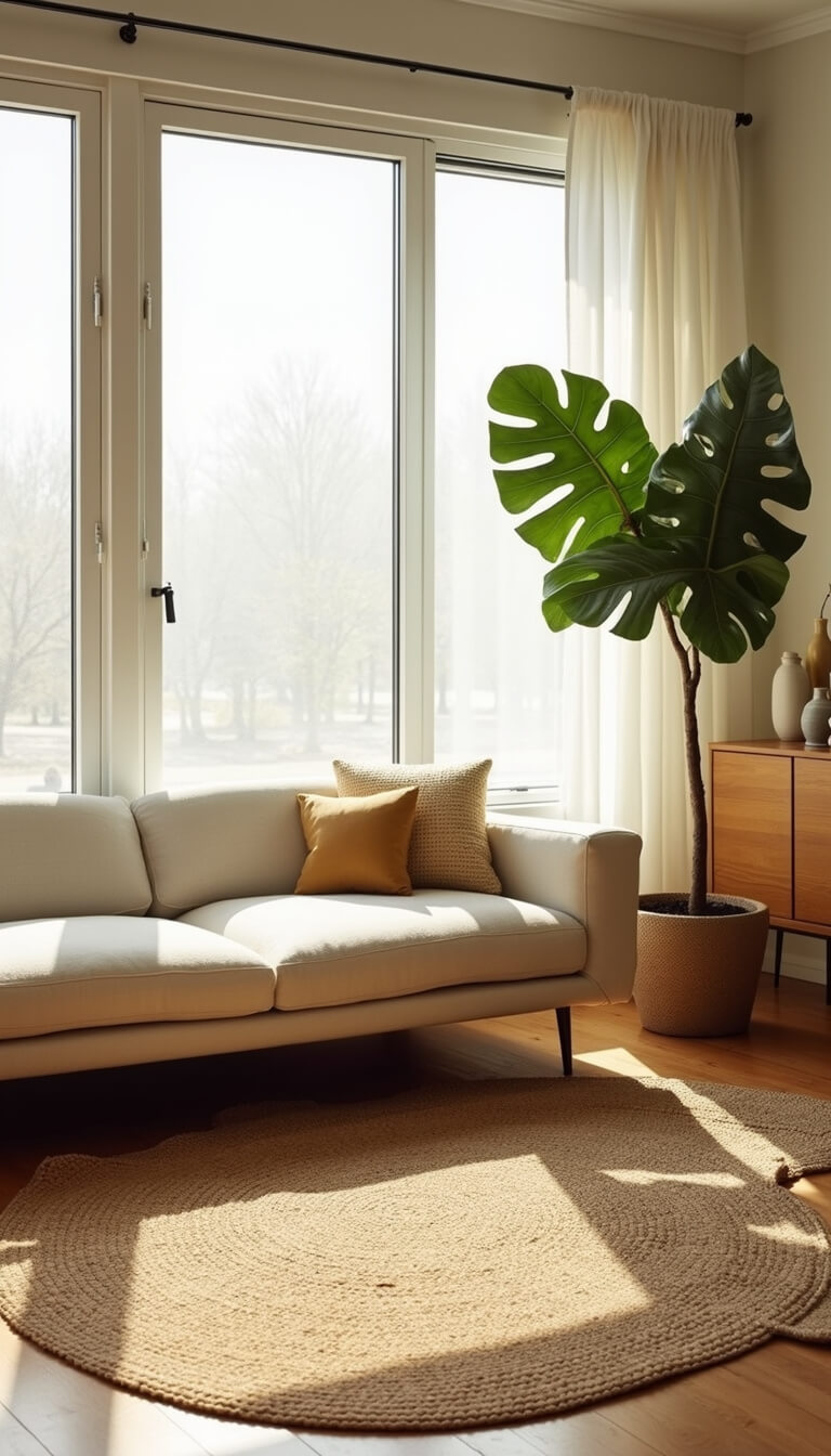 Serene 24x26ft room at dawn with sheer-curtained oversized windows, natural linen platform sofa on jute rug, handmade ceramics on oak console, and large potted fiddle leaf fig bathed in morning light.