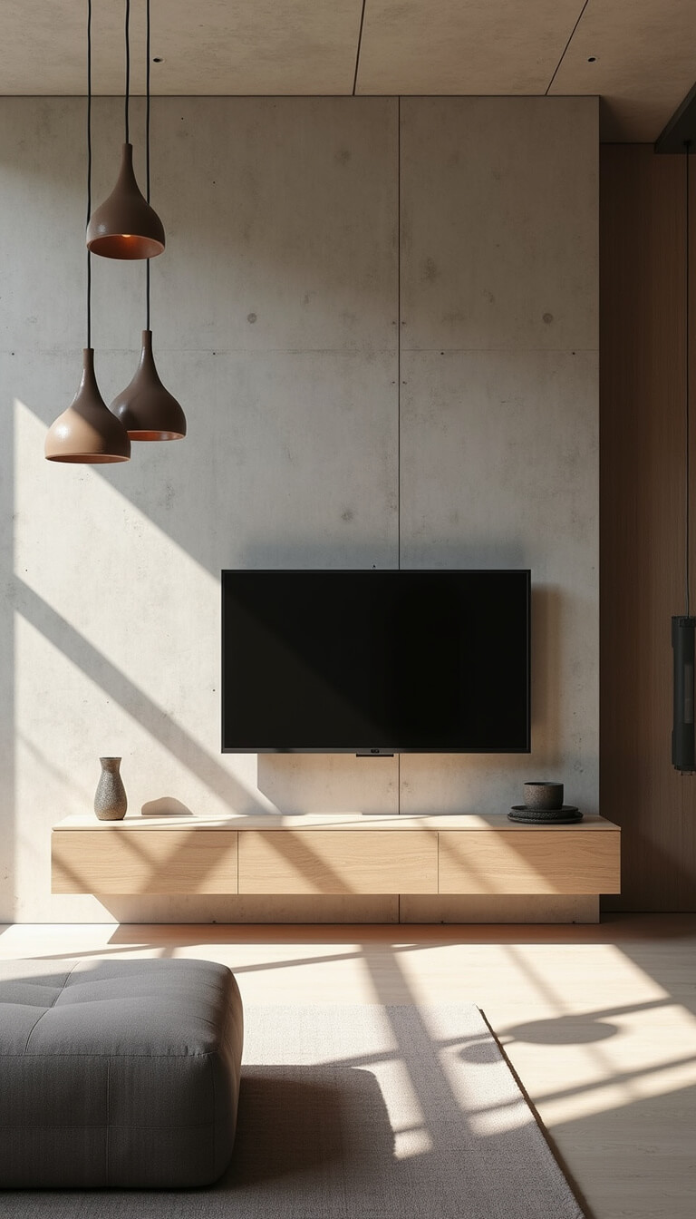 Minimalist 18x20ft room with white oak wall-mounted media unit on concrete wall, low-profile gray wool seating, and ceramic pendant lights in afternoon sunlight.