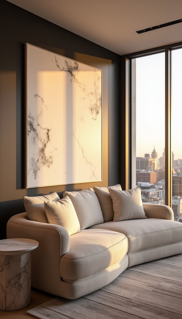 Elegant 22x24ft living room at golden hour with cream bouclé sofa, marble side tables, abstract white-gray canvas, and floor-to-ceiling windows showcasing urban sunset view.
