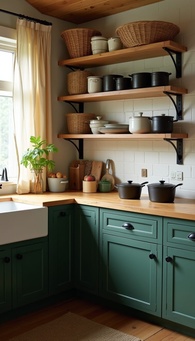 Rustic 8'x10' kitchen at dawn with forest green cabinets, butcher block countertops, cast iron cookware on open shelves, and vintage enamelware above.