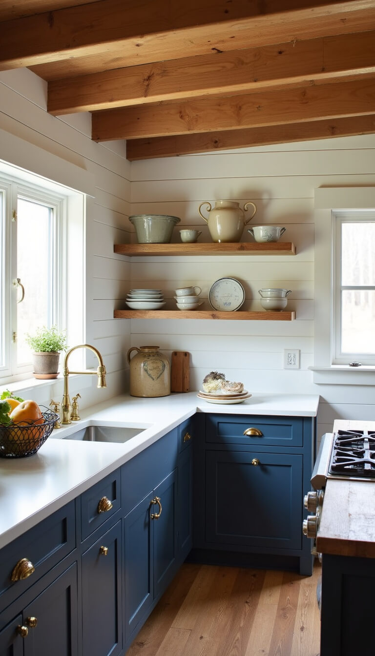 Mid-morning sunlight illuminates a 12'x14' cabin kitchen with exposed wood beams, white shiplap walls, navy cabinets, floating oak shelves, and a reclaimed barnwood island.