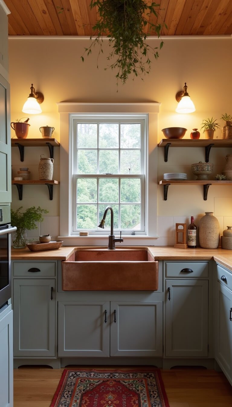 Cozy 9'x11' twilight kitchen with cream and gray cabinets, hammered copper sink, oak shelves with pottery, antique sconces, vintage runner, and hanging dried herbs.
