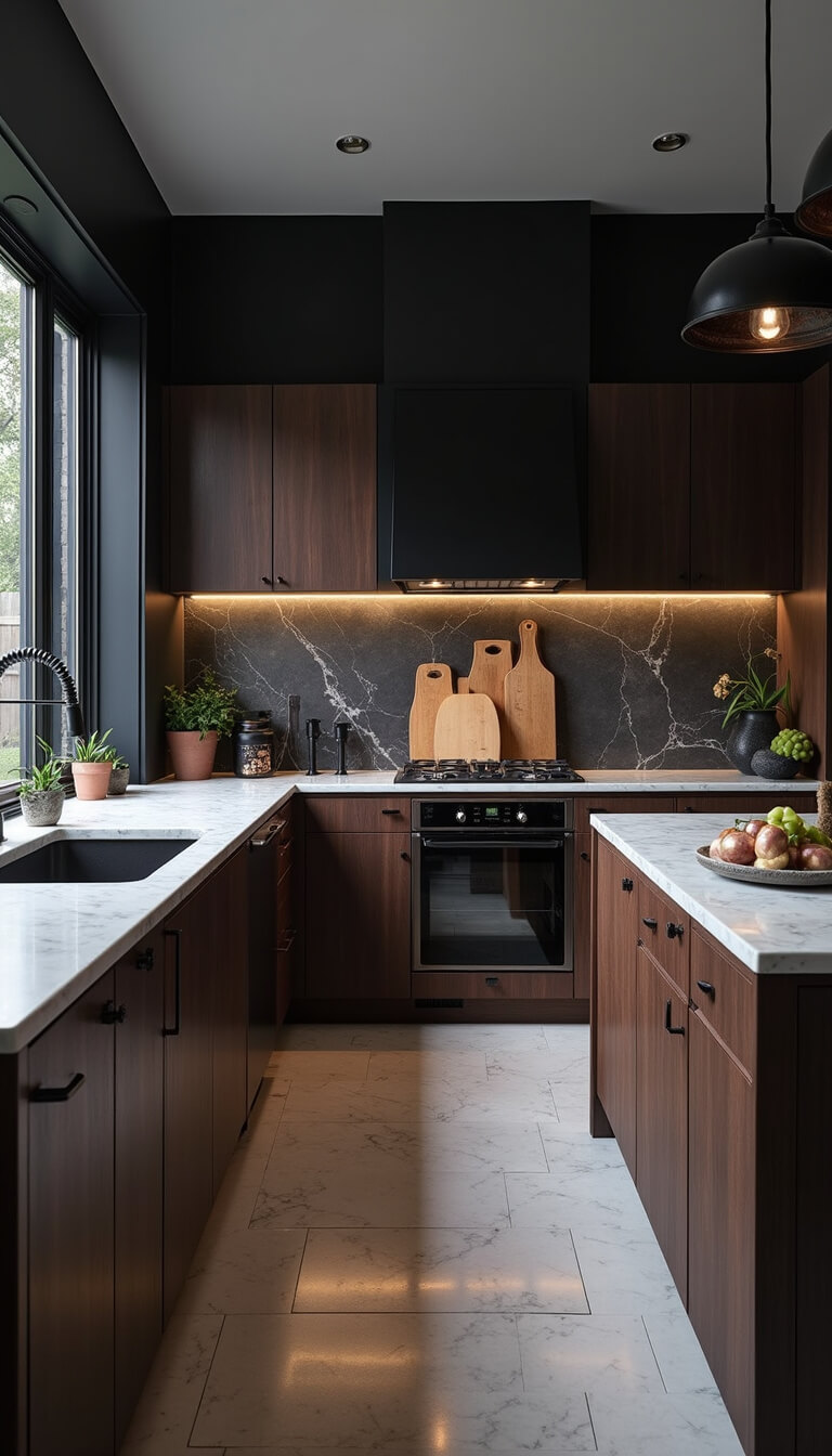 Moody 11'x13' kitchen with dark walnut cabinets, white marble countertops, industrial pendant lights, and antique mirror backsplash, styled with black stoneware, copper mugs, and vintage cutting boards.