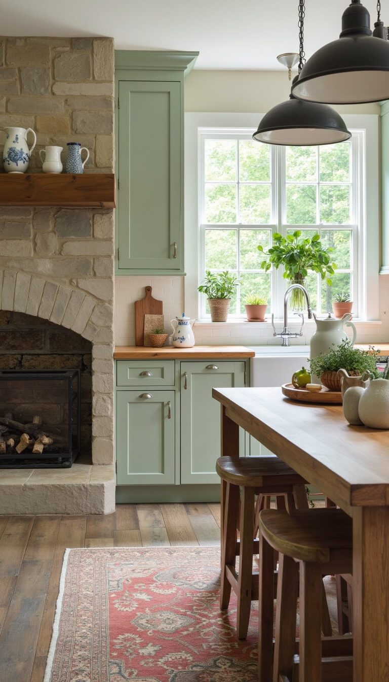 Midday light fills a 10'x12' kitchen with sage green beadboard cabinets, butcher block counters, original stone fireplace, farmhouse table, and industrial mixed metal fixtures, styled with ceramic pitchers, baskets, and potted herbs.