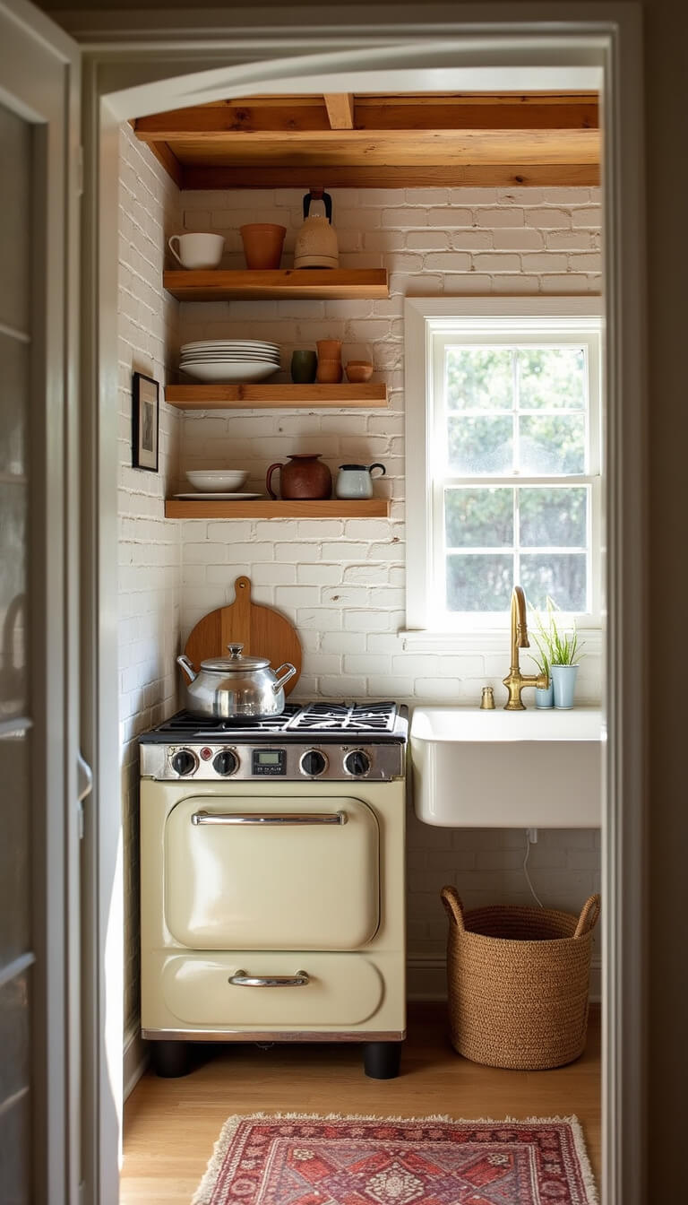 Cozy 8'x9' kitchen nook with cedar shelves, whitewashed brick walls, cream vintage stove, brass faucet, and handmade textiles and pottery.