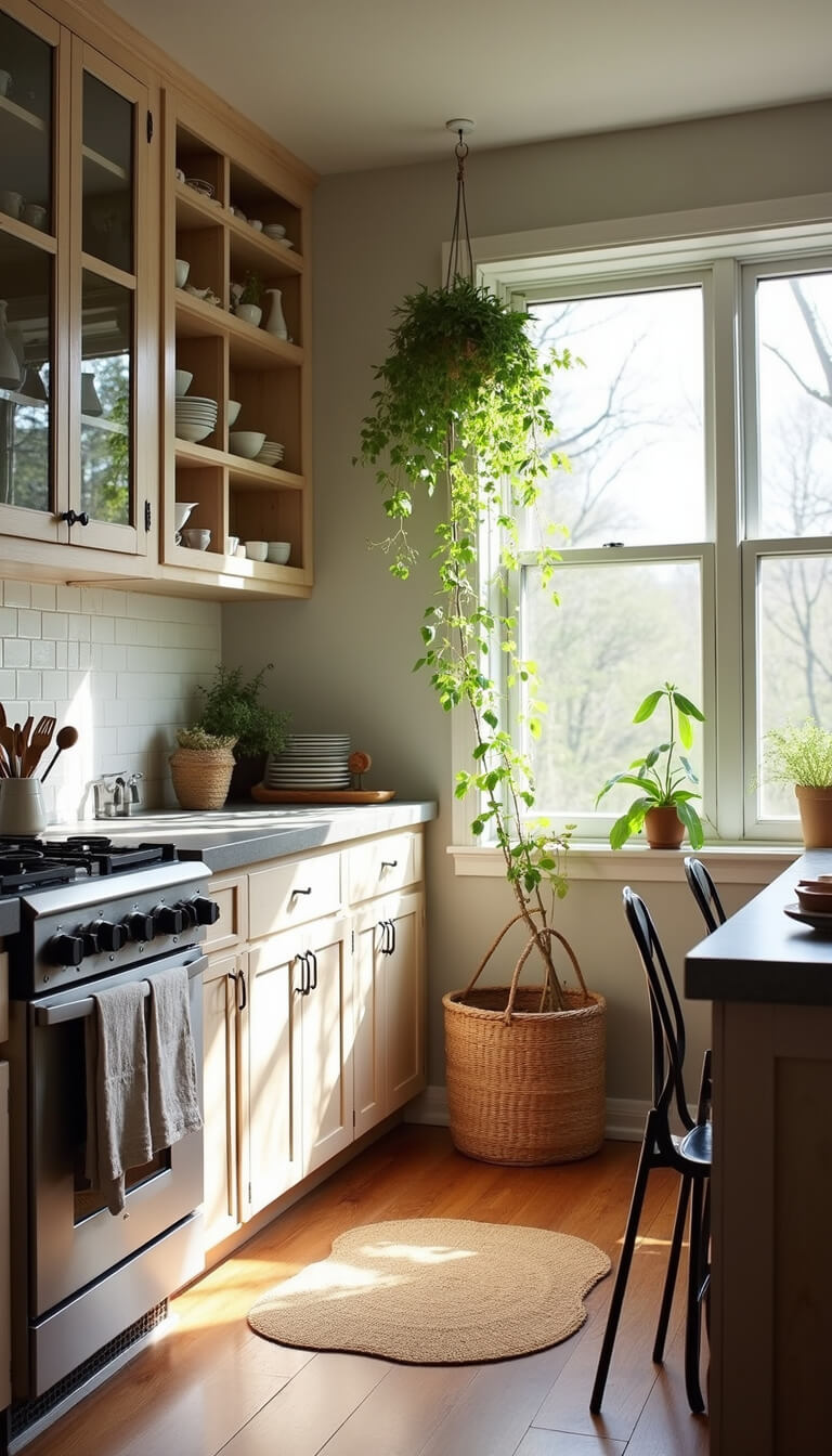 Airy 10x14 kitchen with white oak glass-front cabinets, concrete counters, hanging herb garden, and textured natural decor in afternoon sunlight.