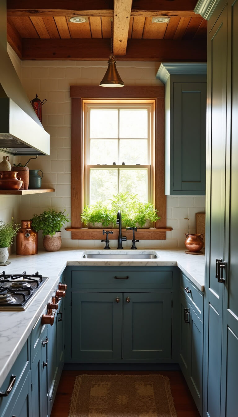 Cozy 9'x10' kitchen with slate blue cabinets, marble countertops, exposed wooden beams, and a window herb garden at golden hour.