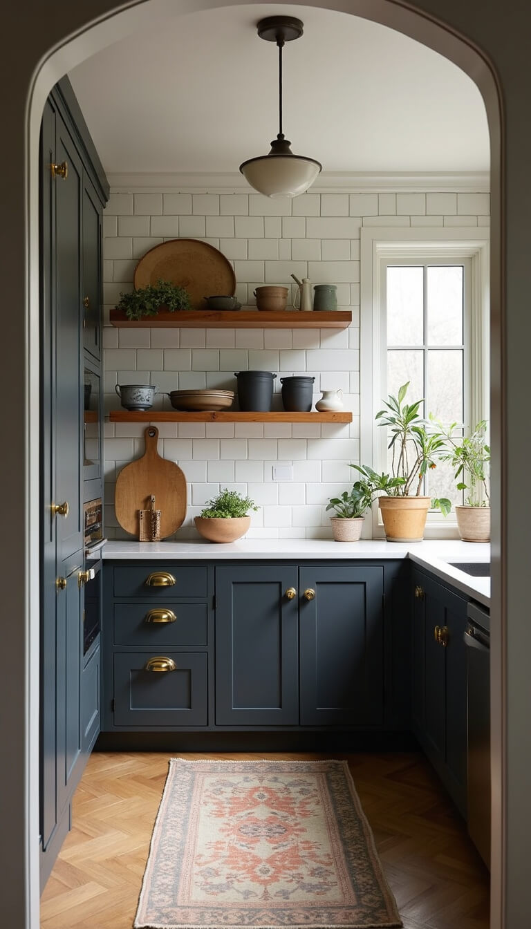 Dramatic 11'x12' kitchen with charcoal cabinets, white subway tile, brass accents, wooden shelves displaying ceramics, and vintage decor in morning light.