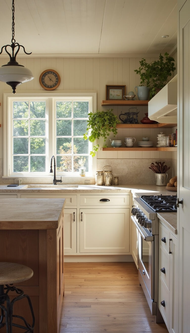 Sunlit 10x13 kitchen with cream beadboard cabinets, butcher block island, stone hearth, open shelving with ironstone, and vintage accents.
