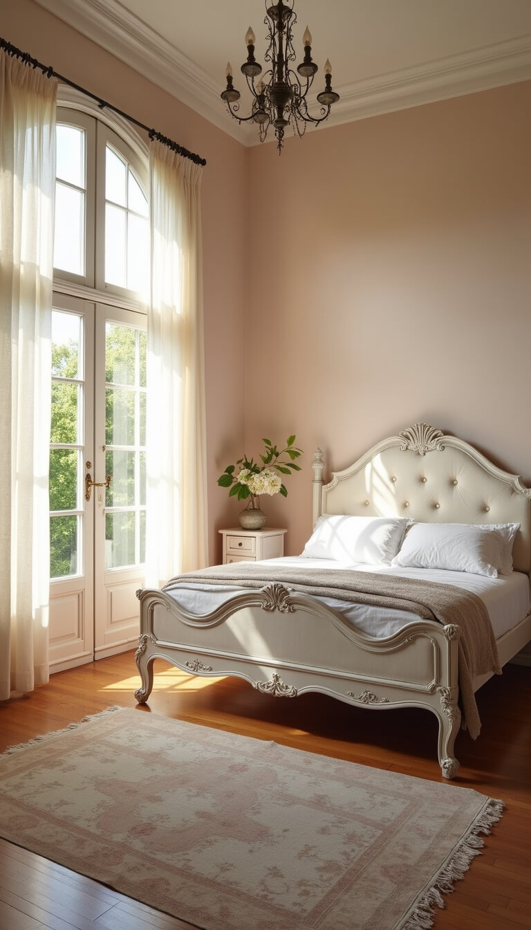Romantic vintage bedroom with soft morning light, featuring a distressed white queen bed, lace curtains, blush walls, high ceilings, and a faded Persian rug.