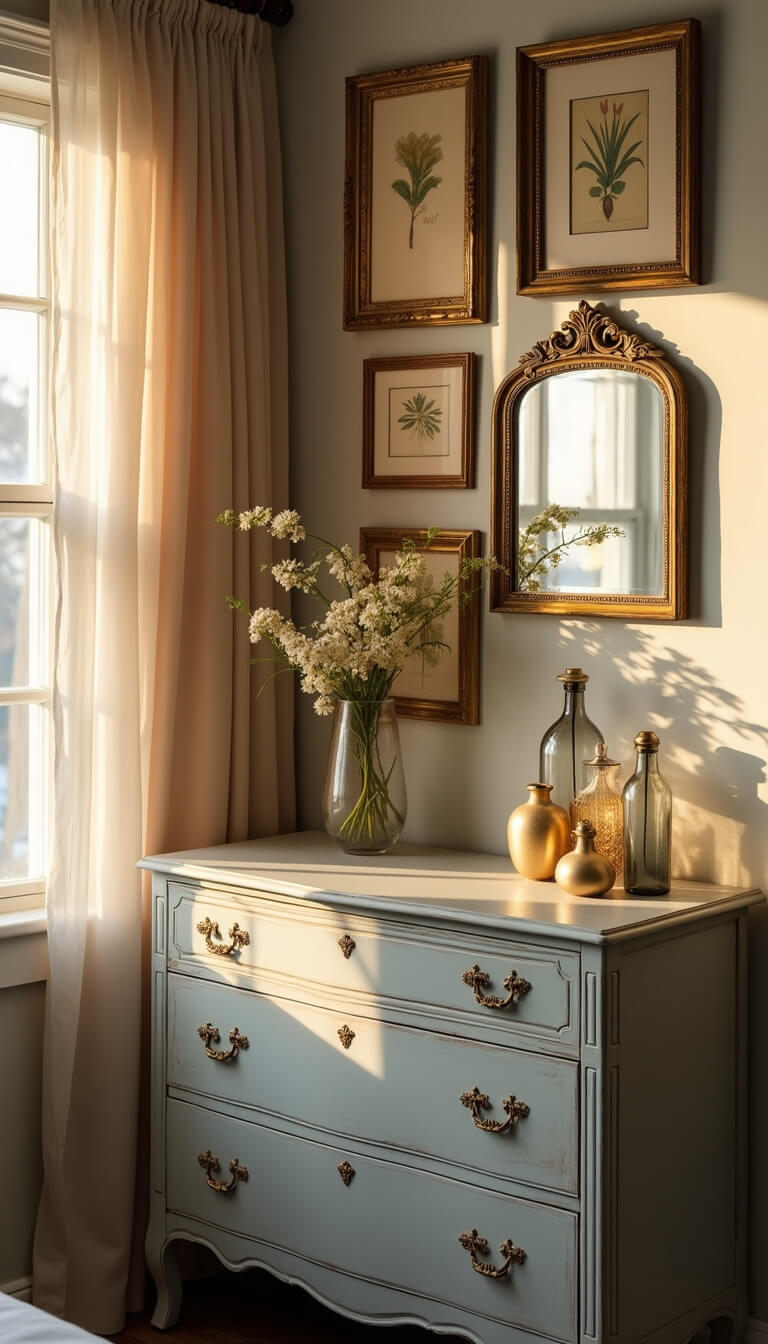 Golden hour light illuminates a dove-gray dresser with brass hardware, adorned with mercury glass vases, vintage perfume bottles, and a baroque mirror, set against a gallery wall of antique botanical prints in ornate gilt frames, with soft tulle curtains billowing from an open window.