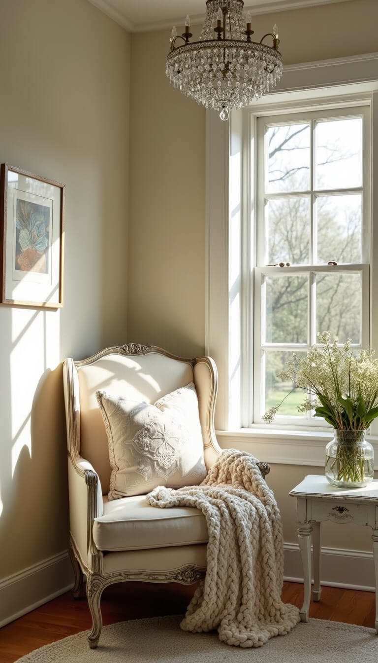 Cozy 10x12ft reading nook with cream chenille armchair, distressed white side table, vintage crystal chandelier, and layered textiles in soft ivory, bathed in afternoon light.