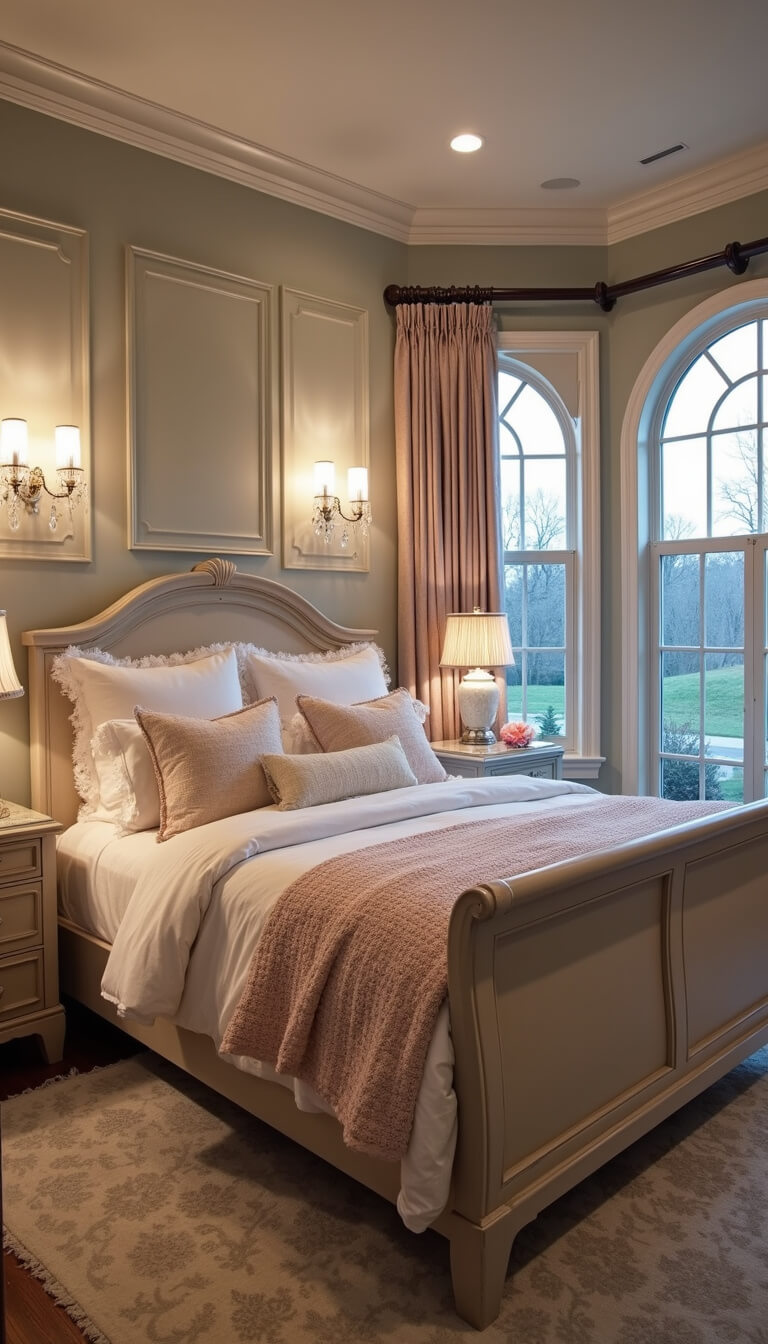 Serene master bedroom at dusk with a king-size sleigh bed, vintage linens, silk pillows, crystal sconces, and damask curtains framing arched windows.