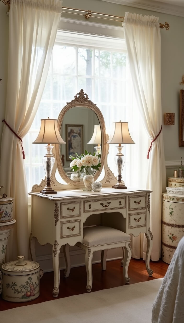 Victorian-style dressing area with distressed ivory vanity, antique mirror, mercury glass lamps, organdy curtains, and vintage hatboxes in soft natural light.