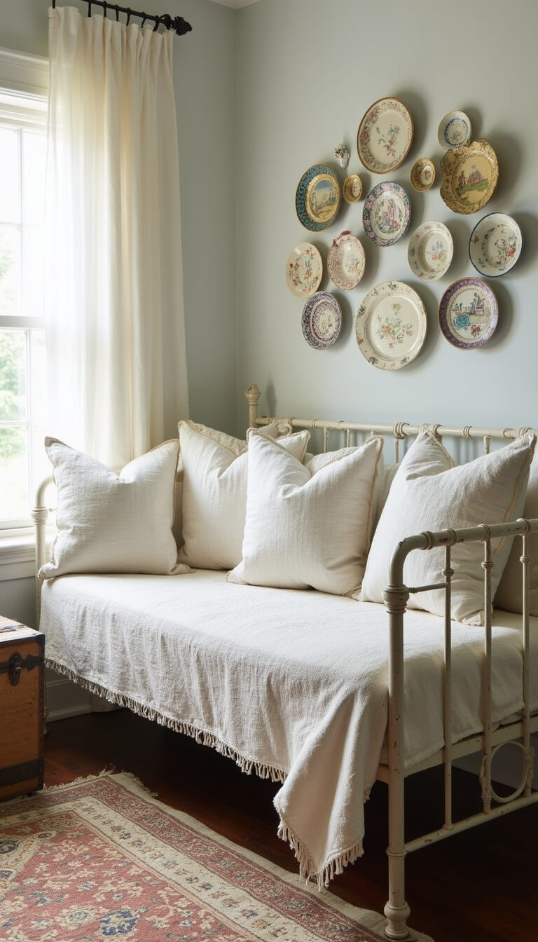 Vintage-style bedroom alcove with white iron daybed, layered linens, antique plate wall art, sheer curtains, and distressed wooden trunk side table.