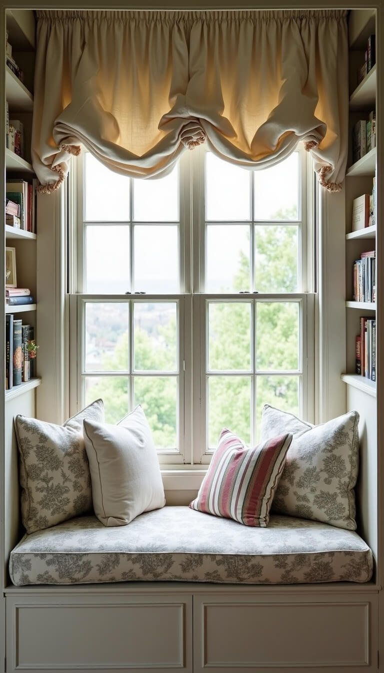 Cozy 12x14ft bedroom window seat nook with built-in storage, vintage toile cushions, floral and striped pillows, ruffled linen curtains, leaded glass windows, distressed wooden shelves, and soft morning light.