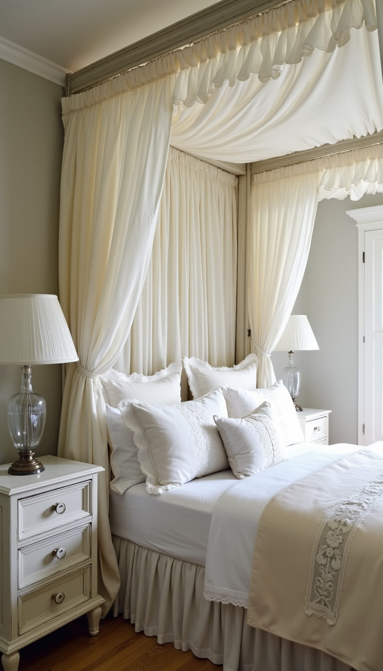 Low-angle view of a 15x16ft bedroom with a dramatic canopy bed draped in white muslin, vintage bedding, and whitewashed nightstands with mercury glass lamps in soft late afternoon light.