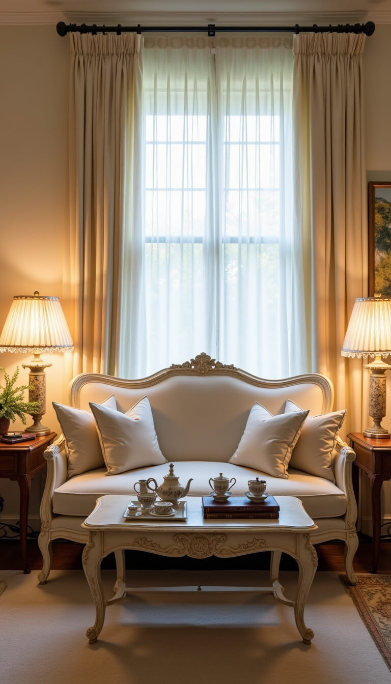 Cream linen French provincial settee with vintage tea sets and books on distressed coffee table, crystal sconces glowing warmly in cozy 10x12ft bedroom sitting area.