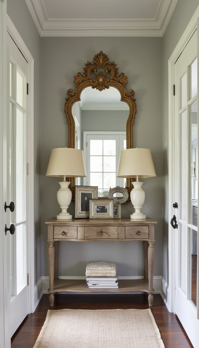 Master bedroom entrance with double French doors, vintage glass knobs, distressed console table, alabaster lamps, silver picture frames, ornate gilt mirror, and soft gray walls in morning light.