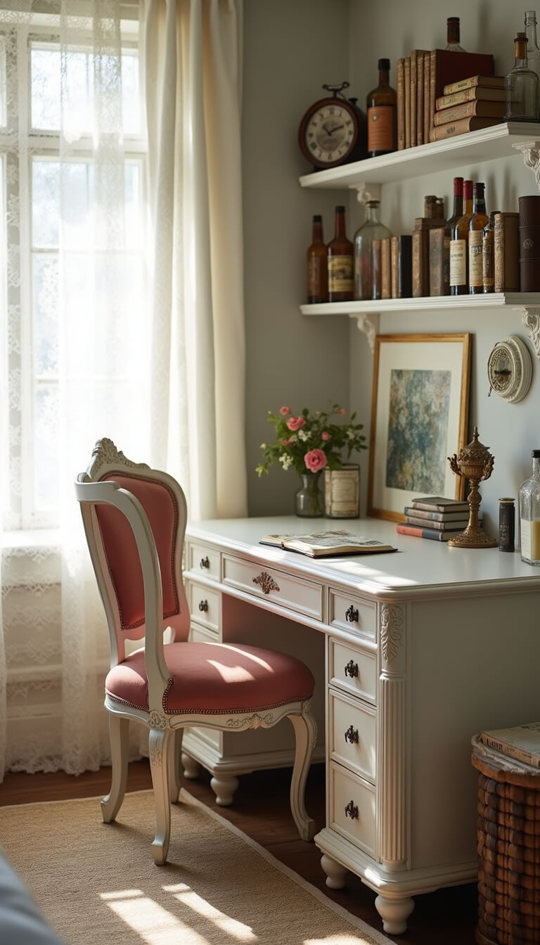 Shabby chic bedroom workspace with painted desk, antique rose velvet chair, vintage shelves, and lace-curtained window in natural light.