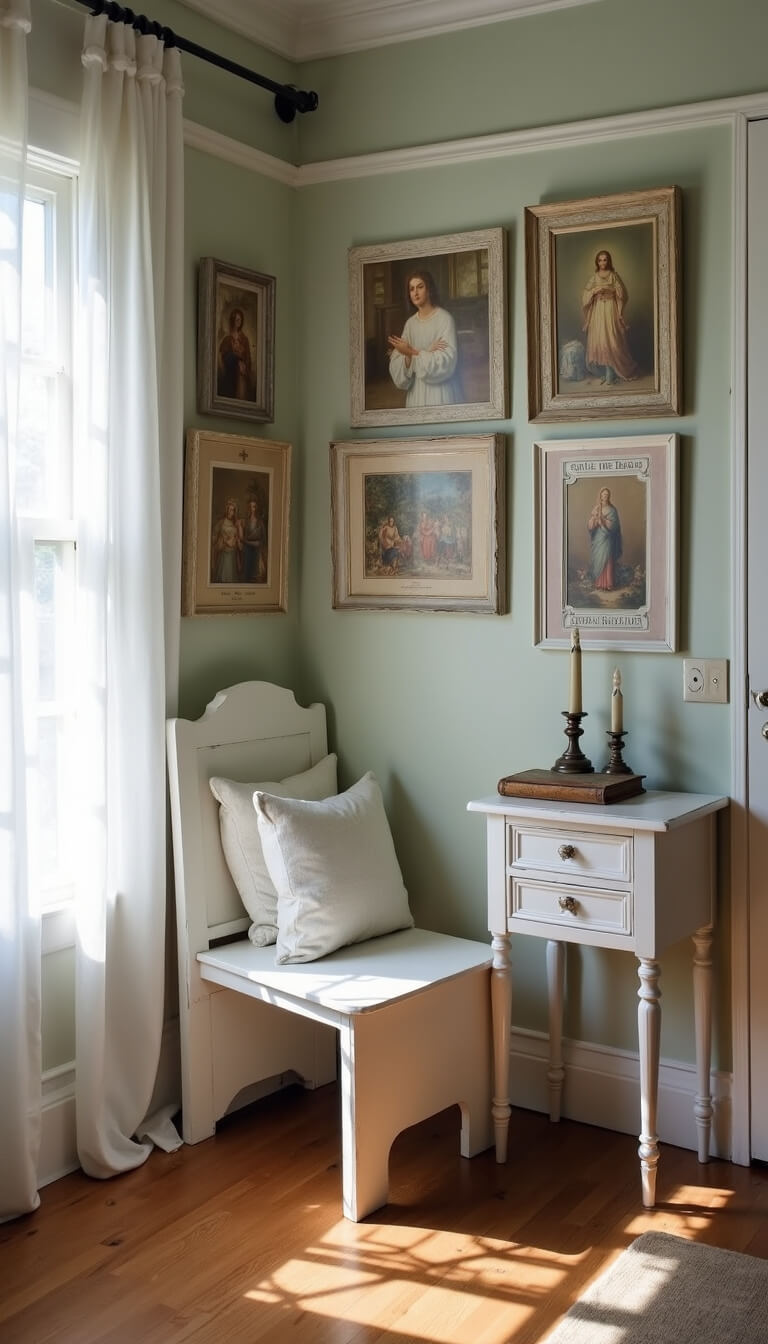 Prayer corner in 12x14ft bedroom with distressed white church pew, vintage religious gallery wall, antique candlesticks on side table, sheer curtains, and dramatic natural lighting.