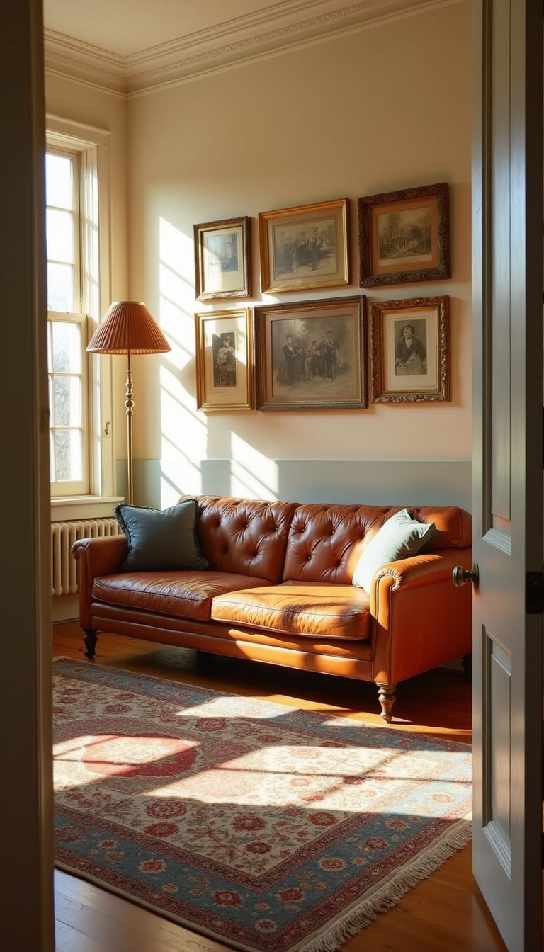 Sunlit living room with mid-century teak sideboard, distressed leather Chesterfield sofa, silk cushions, Persian rug over sisal, and gallery wall of sepia photos in ornate frames.