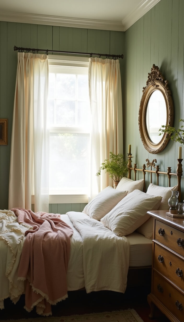 Cozy 12x14ft bedroom with antique brass bed, vintage quilts, and Victorian dresser under soft morning light through sheer curtains.