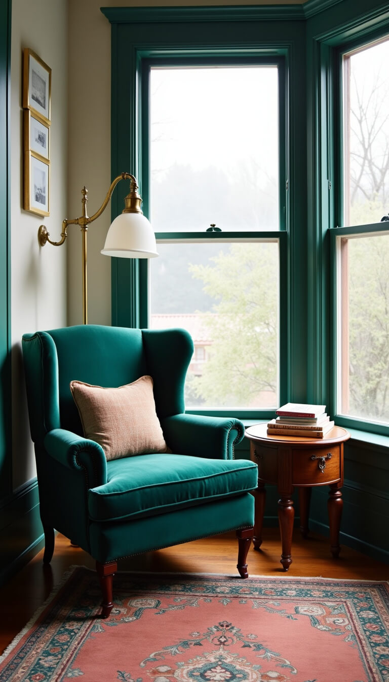 Cozy reading nook in bay window with emerald velvet wingback chair, brass floor lamp, antique books on carved table, and faded oriental rug under soft daylight.