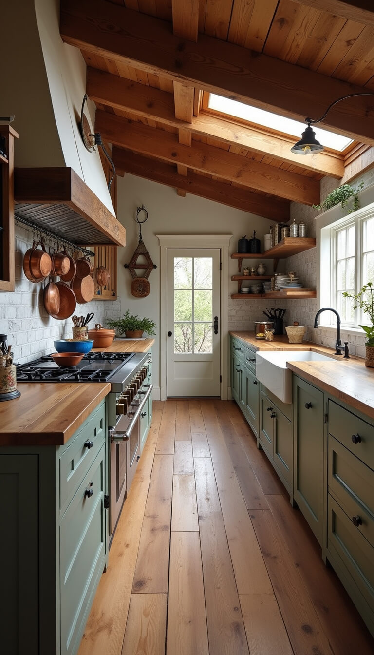 Rustic 20x15ft kitchen with exposed beams, skylights, farmhouse sink, copper pots, vintage enamelware, and worn pine floors.