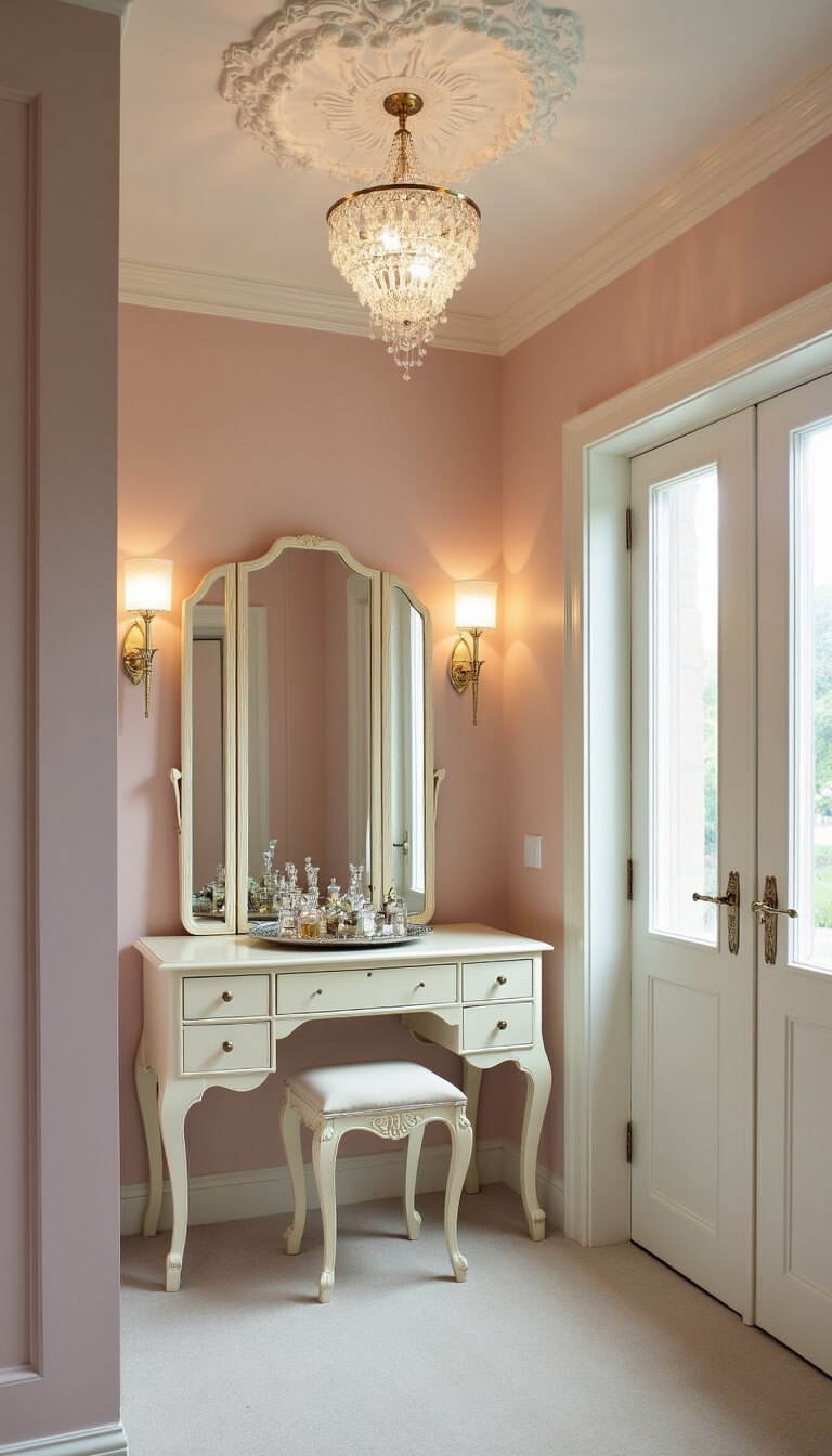 Luxurious Art Deco dressing room with blush pink walls, vintage cream vanity, perfume tray, French doors, and ornate ceiling medallion with crystal light fixture.