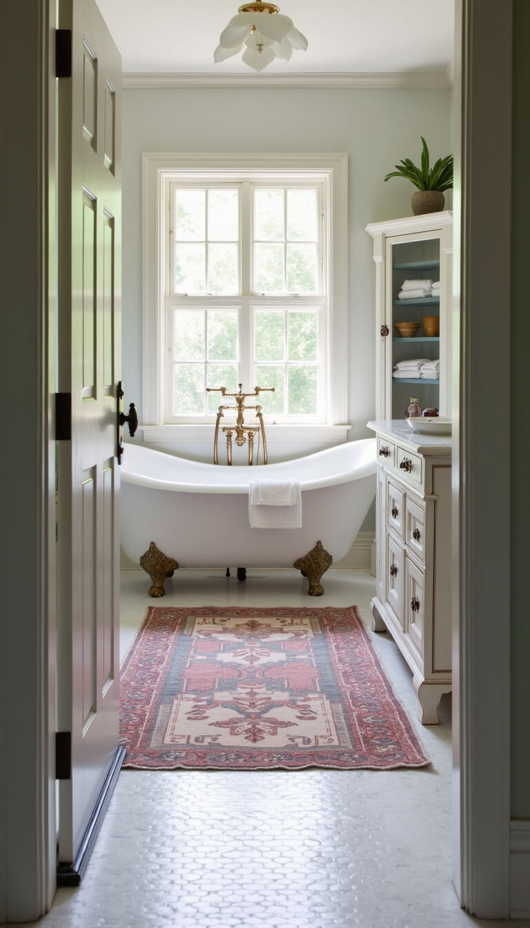 Serene 12x14ft vintage bathroom with clawfoot tub, patinated brass fixtures, distressed white apothecary cabinet, faded pink and blue Turkish rug, marble hex floor tiles, and morning light through privacy glass.