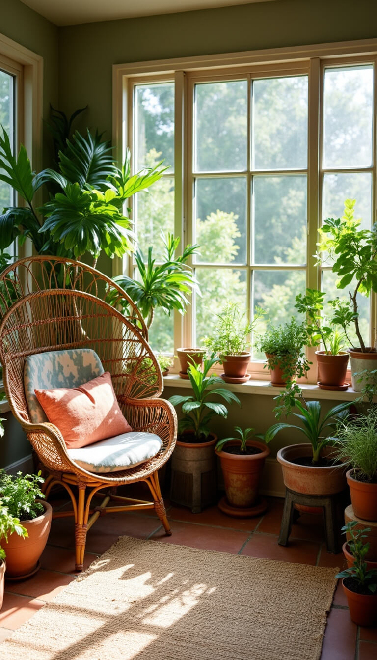 Sunlit 15x12ft sunroom with rattan peacock chair, vintage mudcloth cushion, terracotta pots, zinc plant stands, and jute rug over terra cotta tiles.