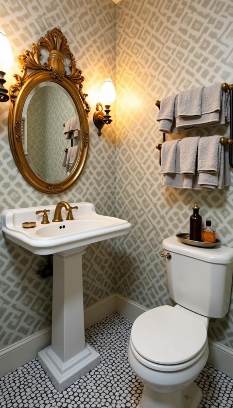 Vintage-style 10x12ft powder room with ornate mirror, sconce lighting, black-and-white hex tile floor, vintage wallpaper, antique decor, and close-up vignettes.