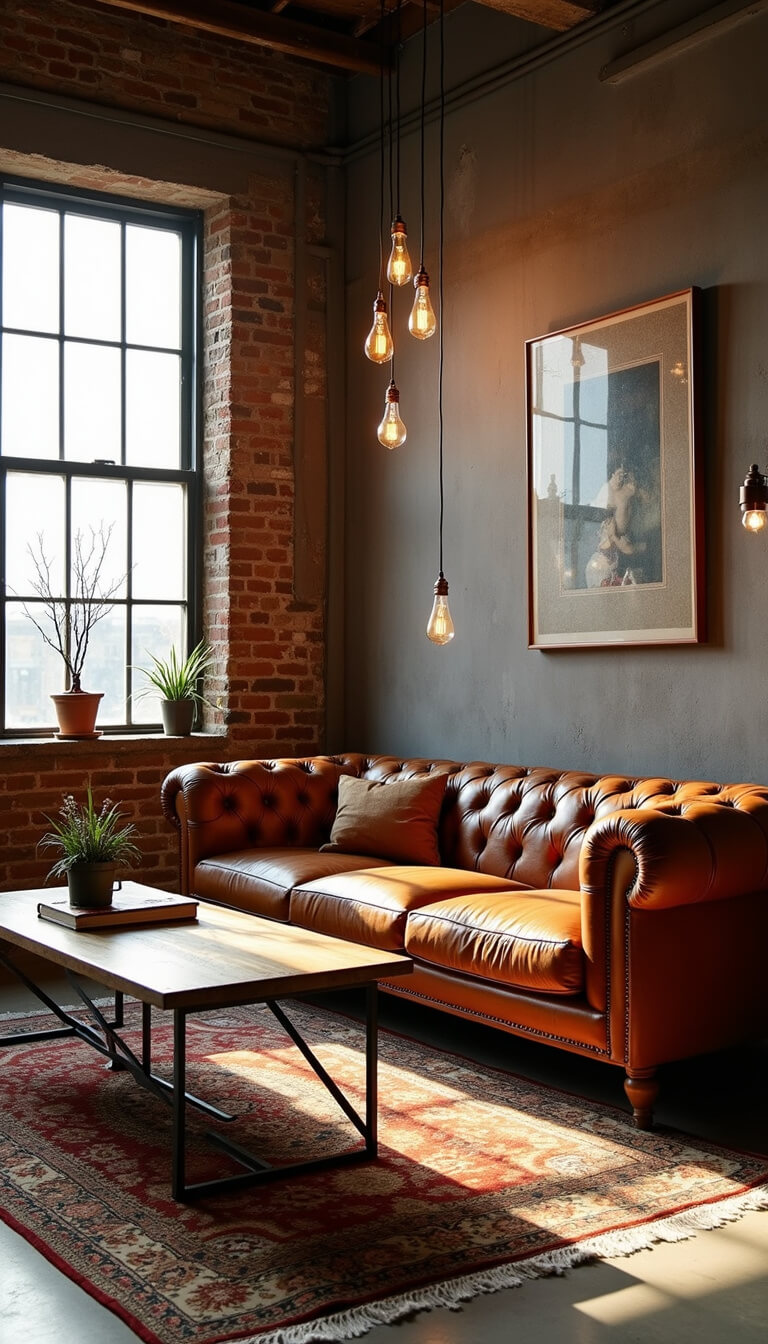 Industrial loft living room at golden hour with sunlight casting shadows on exposed brick, featuring a cognac leather Chesterfield sofa, reclaimed wood coffee table, Edison bulb lights, ceiling beams, and vintage Persian rug.