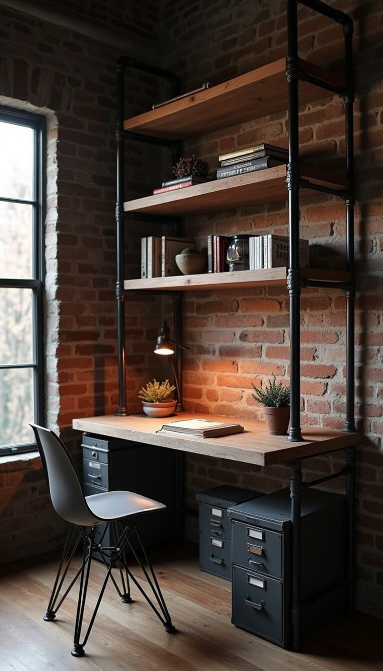 Low-angle view of a moody industrial home office with exposed brick, steel pipe shelving, weathered oak desk, vintage drafting chair, and metal cabinets at dusk.
