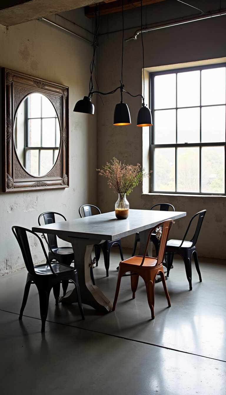 Industrial dining space with zinc-top table, vintage metal chairs, large factory windows, and polished concrete floors in morning light.