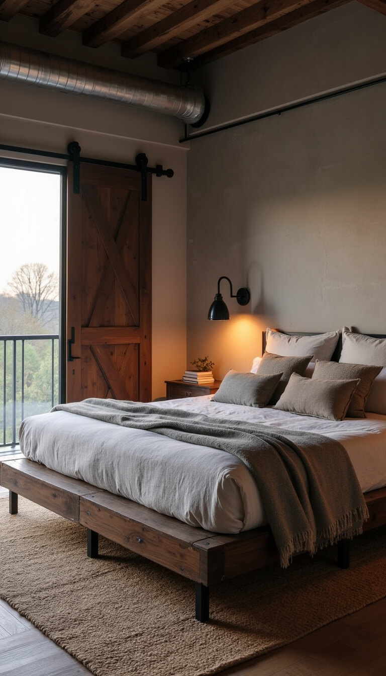 Industrial-style bedroom at twilight with reclaimed timber platform bed, exposed ductwork, gooseneck sconces, sliding barn door, and layered textiles.