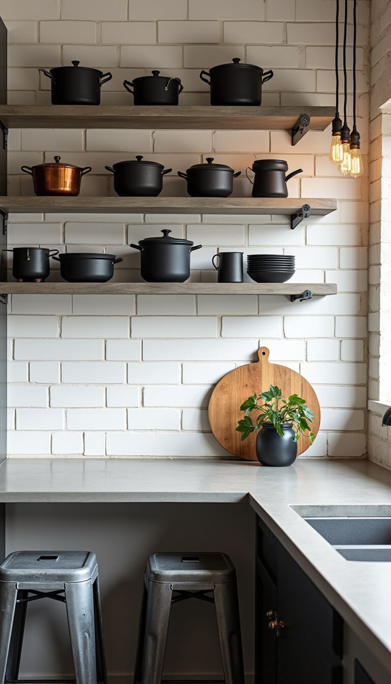 Detail of industrial kitchen nook with natural light on stainless steel shelves holding black ceramics and copper cookware; concrete countertop with metal stools and Edison bulbs above; white subway tiles with dark grout in background.