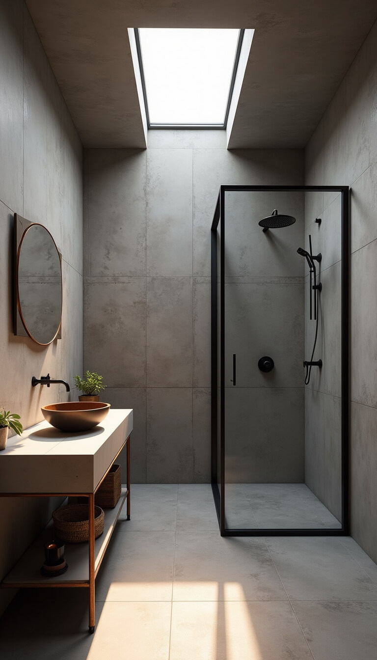Elevated view of 16x16ft industrial bathroom at dawn with skylight lighting, concrete vanity, black steel-framed glass shower, exposed copper pipes, and vintage cart storage.
