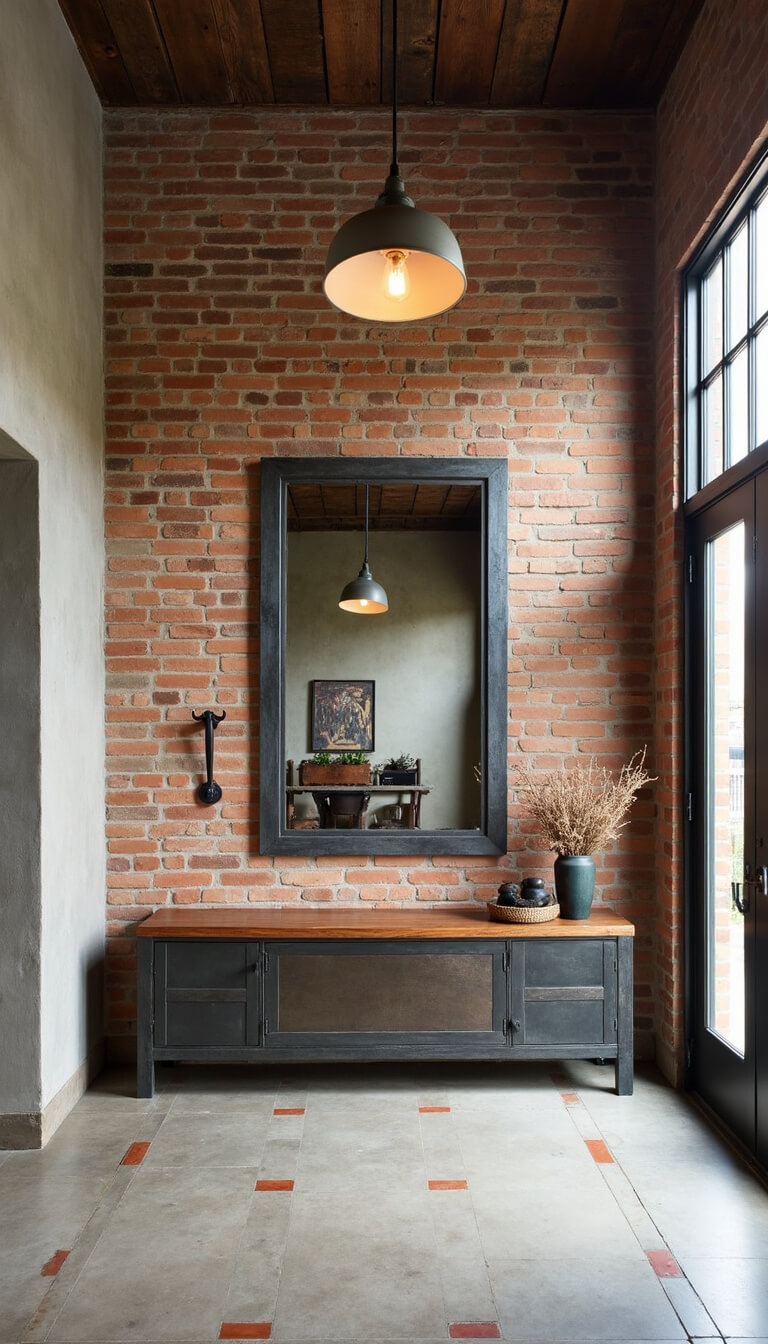 Industrial entryway with tall ceilings, vintage pendant light, steel and wood console, large mirror, brick wall with metal hooks, and polished concrete floor with vintage tile insets.