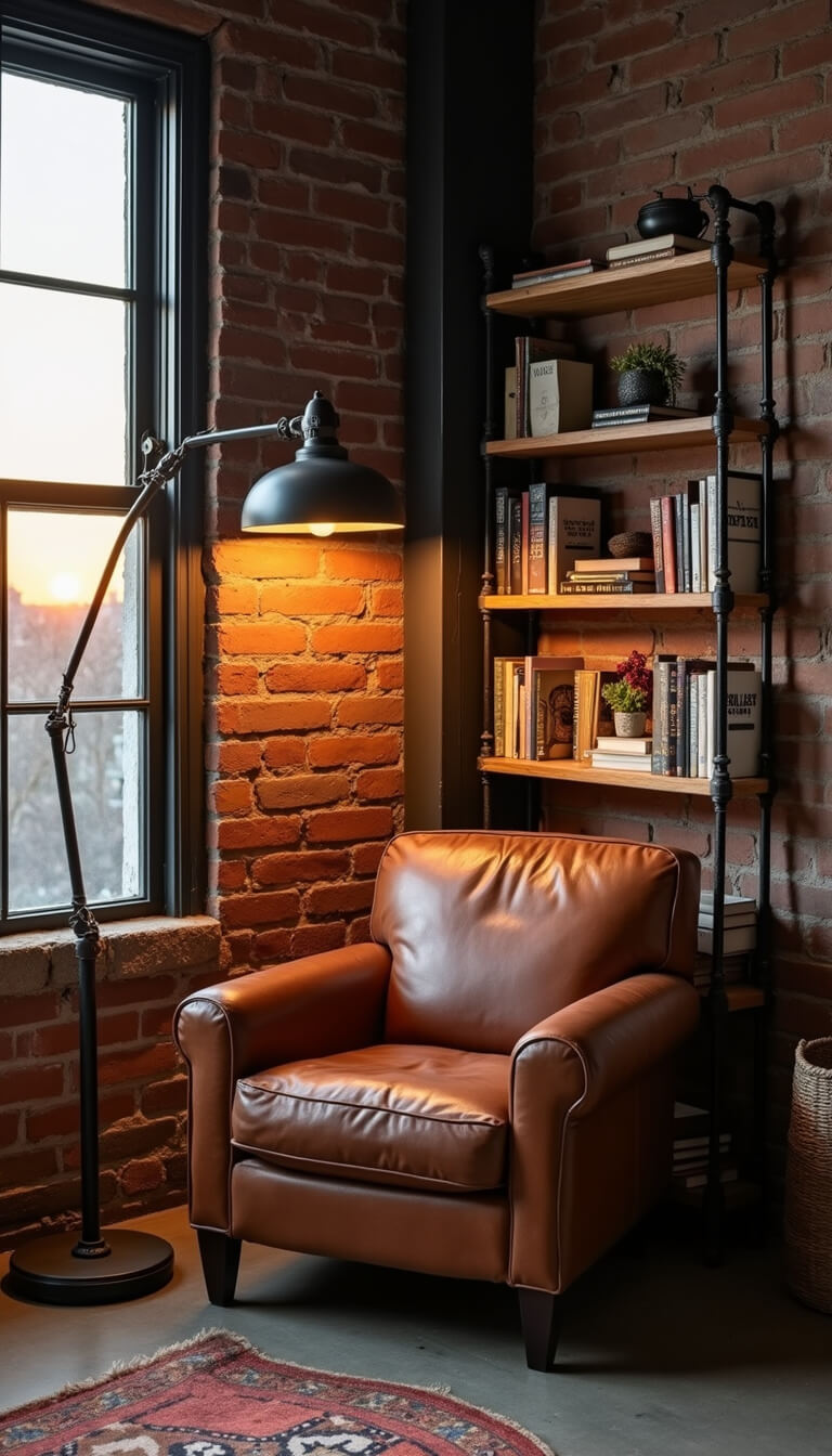 Cozy industrial reading nook with vintage leather chair, pipe bookshelf, and brick wall lit by sunset through steel-framed window.