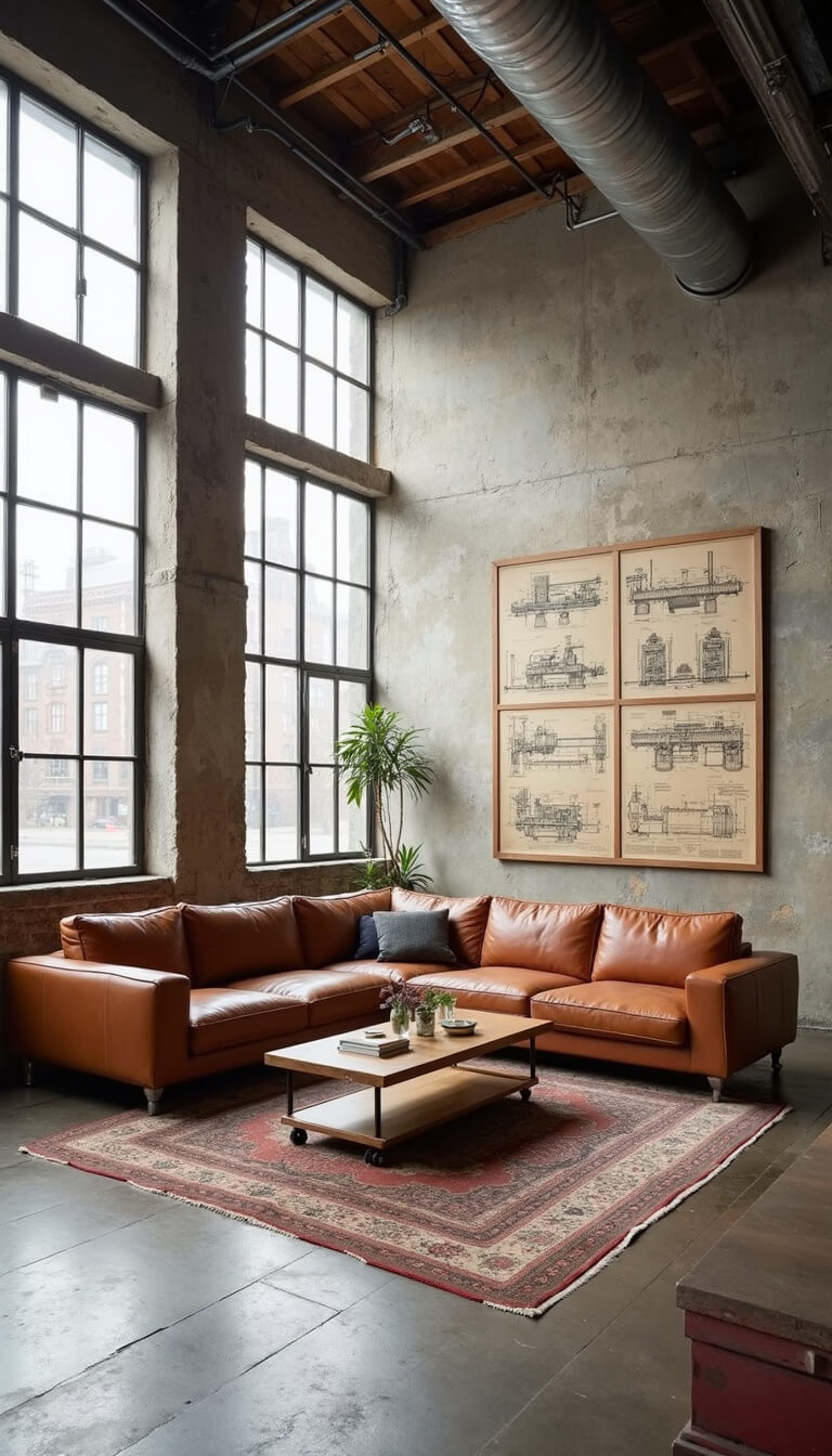 Industrial-style living area with leather sectional, wheeled coffee table, exposed steel beams, and large windows letting in natural light.